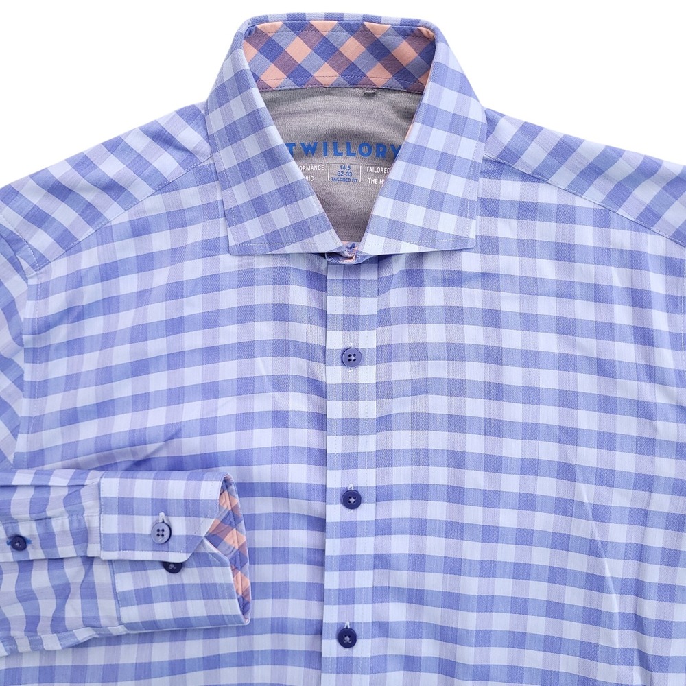 Twillory Dress Shirt Mens 14.5 32/33 Tailored Fit Blue Gingham Check Performance